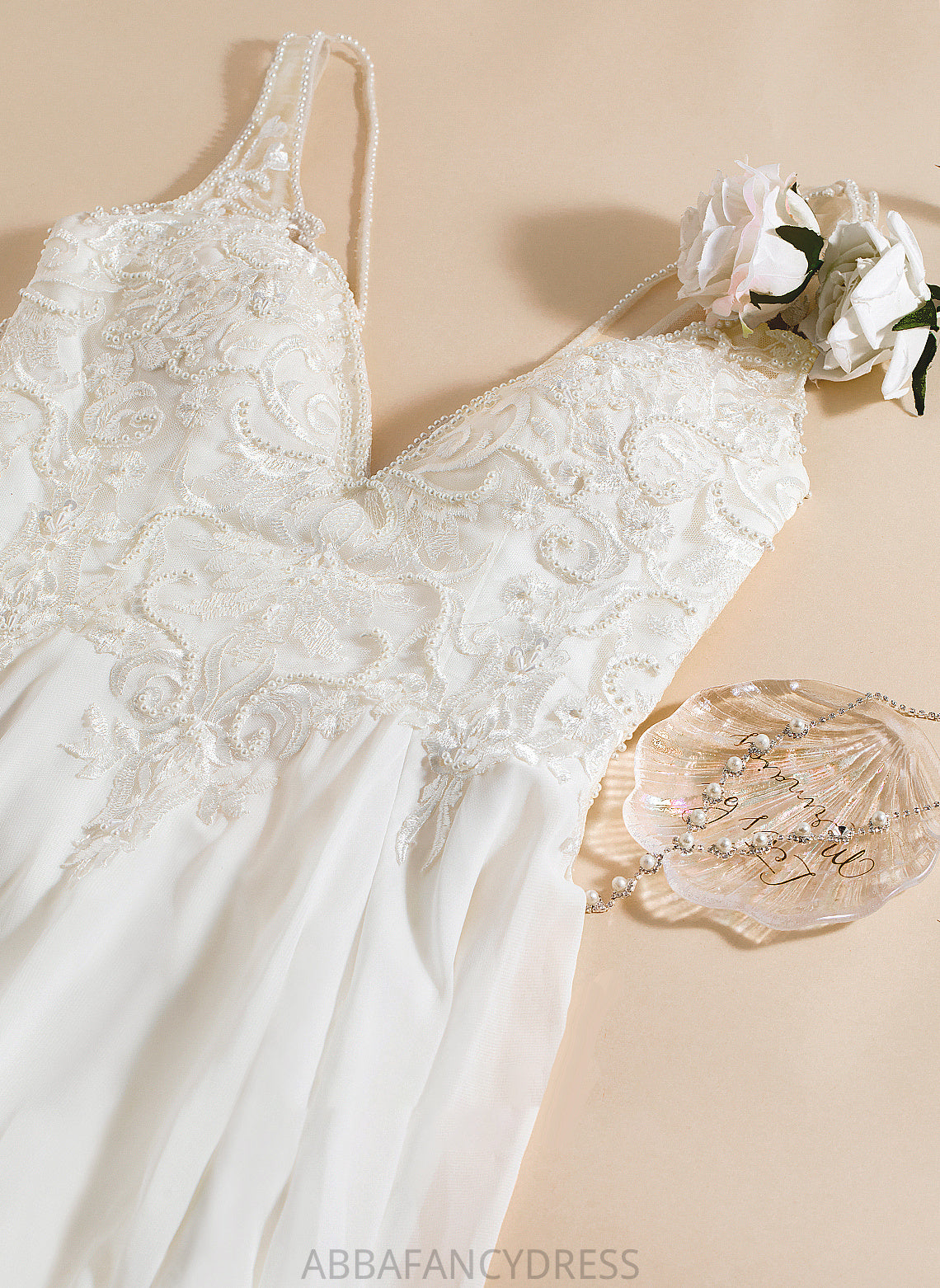 A-Line Dress Front Wedding Dresses With Myah Sequins Chiffon Train Sweep Beading Split V-neck Wedding