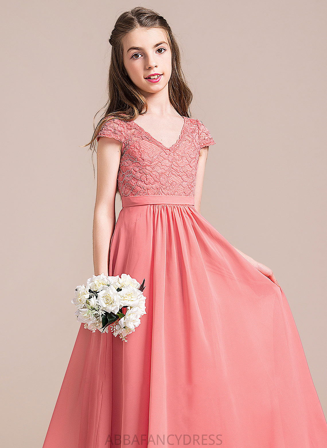 Junior Bridesmaid Dresses Lace Chiffon Floor-Length V-neck A-Line Nathaly