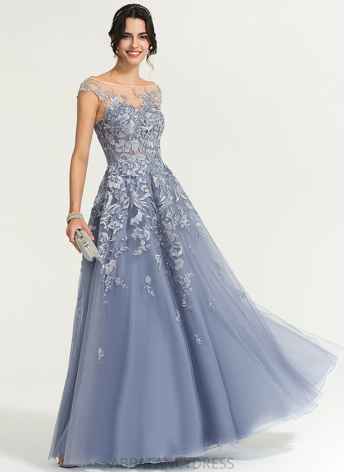 Floor-Length Lace Prom Dresses Illusion A-Line Liliana Tulle Off-the-Shoulder