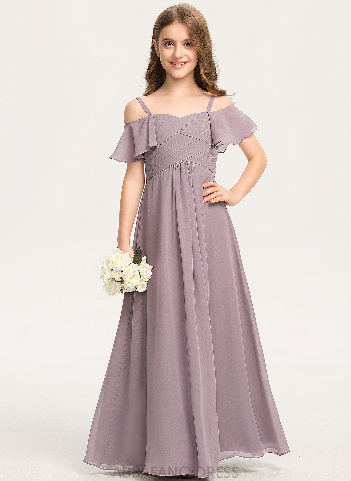 A-Line Junior Bridesmaid Dresses Chiffon Ruffle Off-the-Shoulder Aylin Floor-Length With