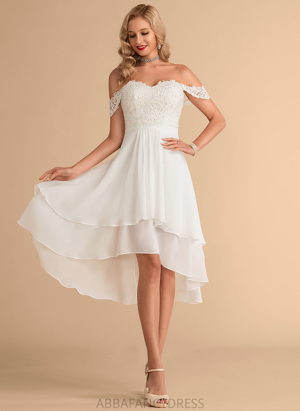 Lexie Lace A-Line Sequins Beading Asymmetrical Wedding Dresses Wedding Chiffon Dress With