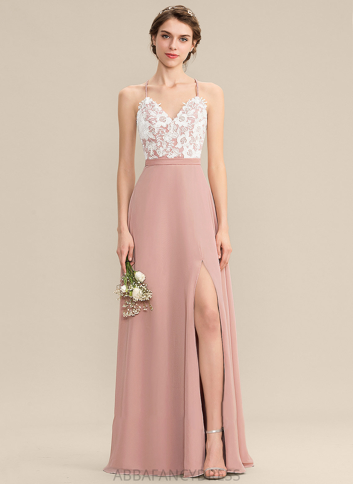 Chiffon V-neck Prom Dresses With Hillary Front Lace Floor-Length Split A-Line