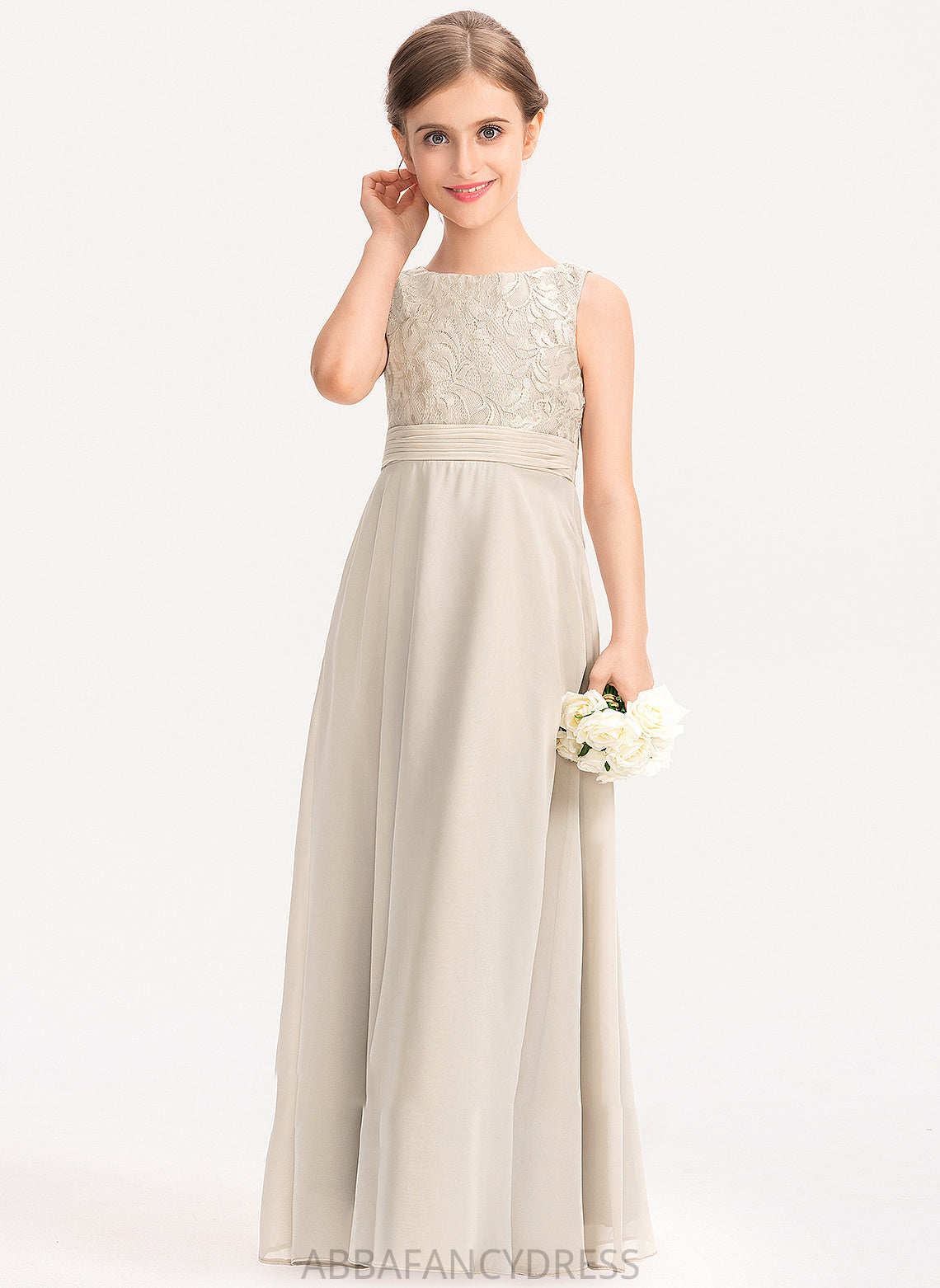 With A-Line Chiffon Floor-Length Junior Bridesmaid Dresses Lace Neck Kenley Ruffle Scoop