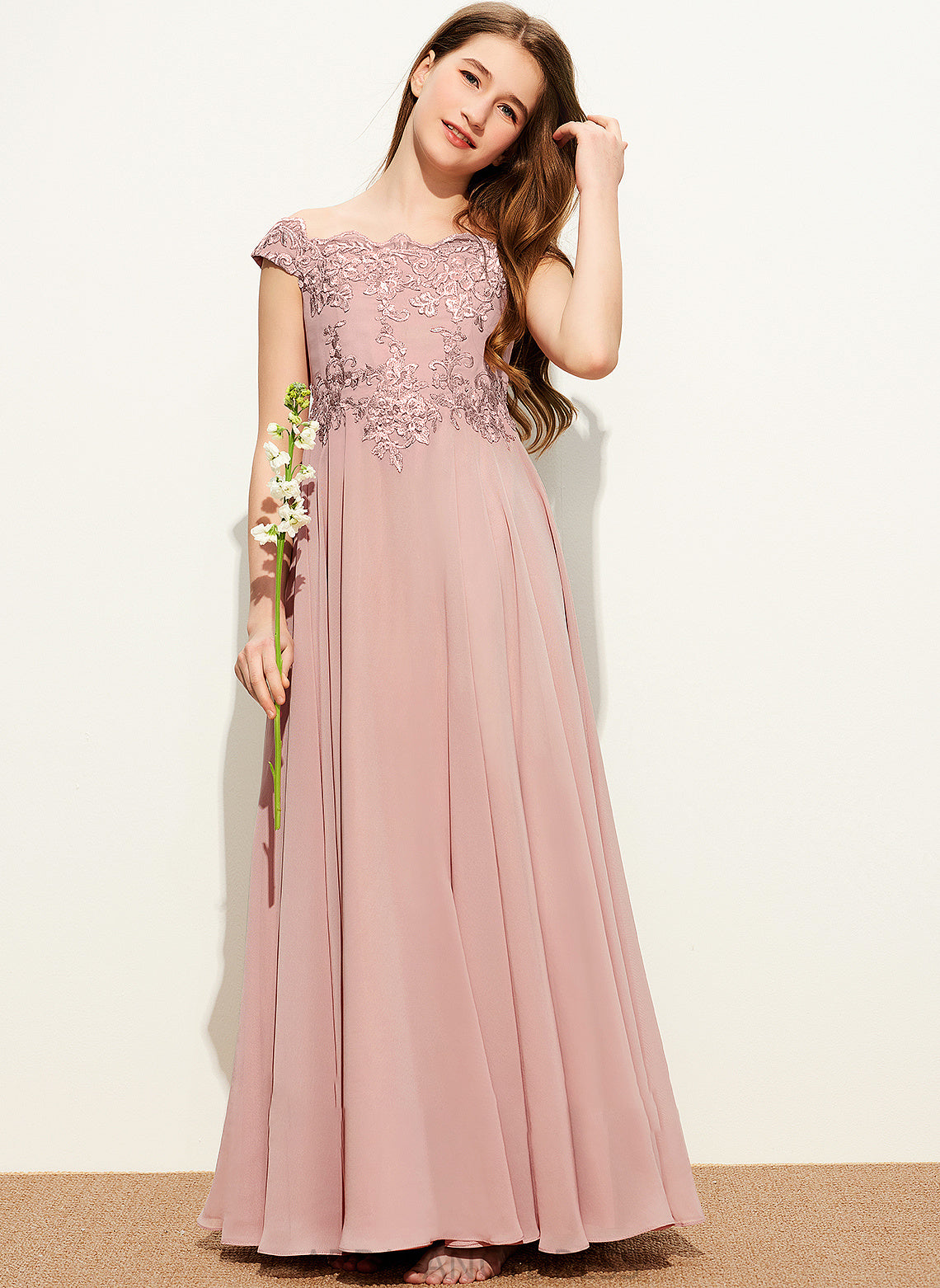 Off-the-Shoulder Floor-Length Junior Bridesmaid Dresses Thalia Chiffon A-Line Lace