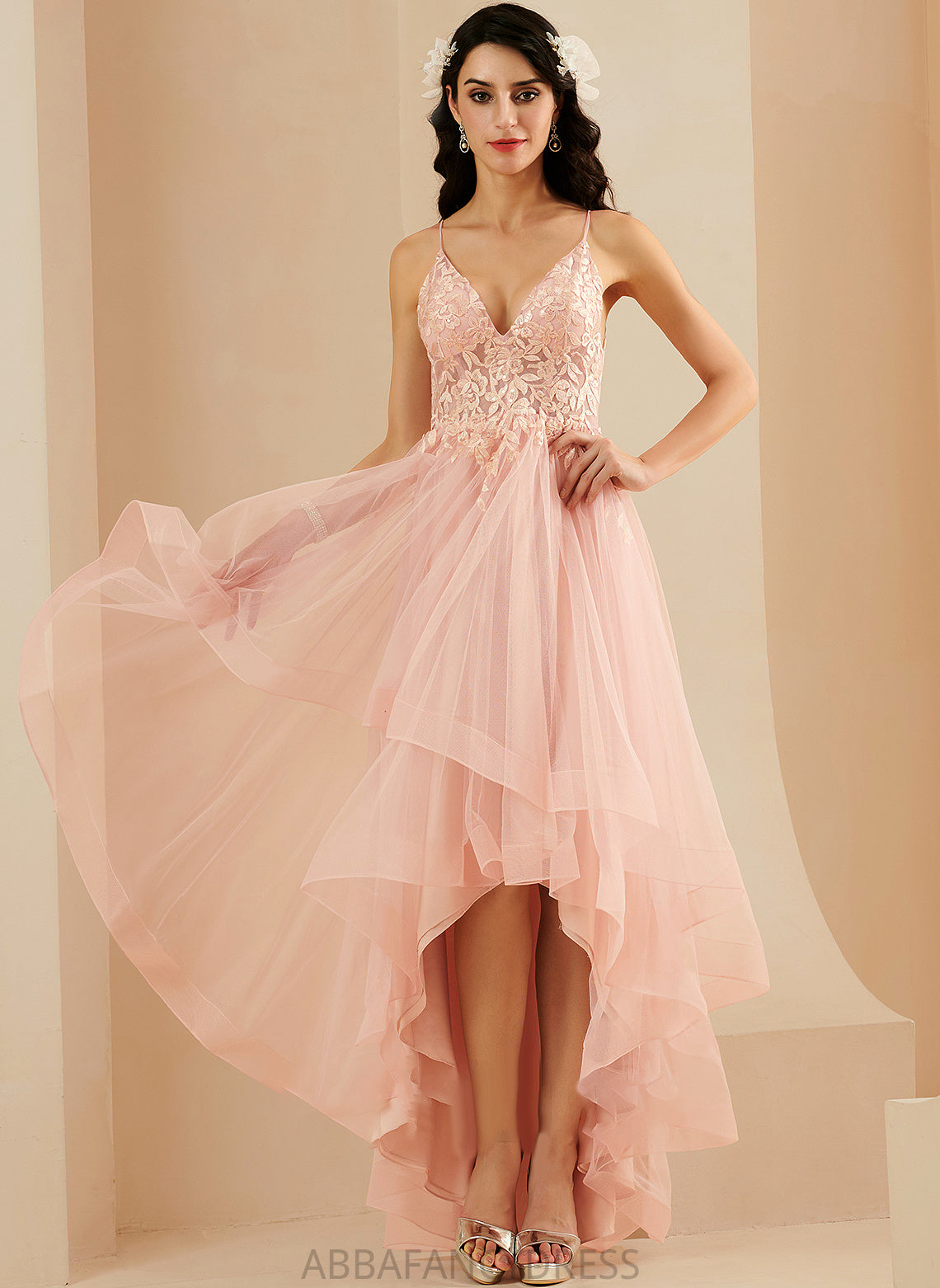 Prom Dresses Tulle Asymmetrical Lace V-neck Isabella With Ball-Gown/Princess