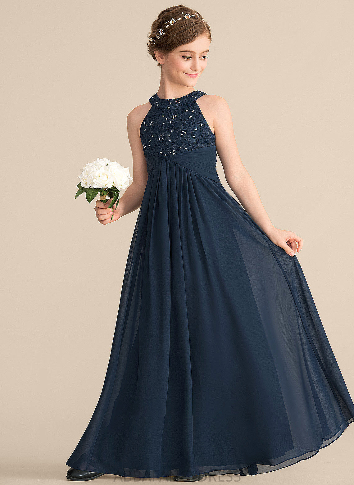 Neck Junior Bridesmaid Dresses Beading Scoop Kaley Chiffon Ruffle Lace A-Line Floor-Length With