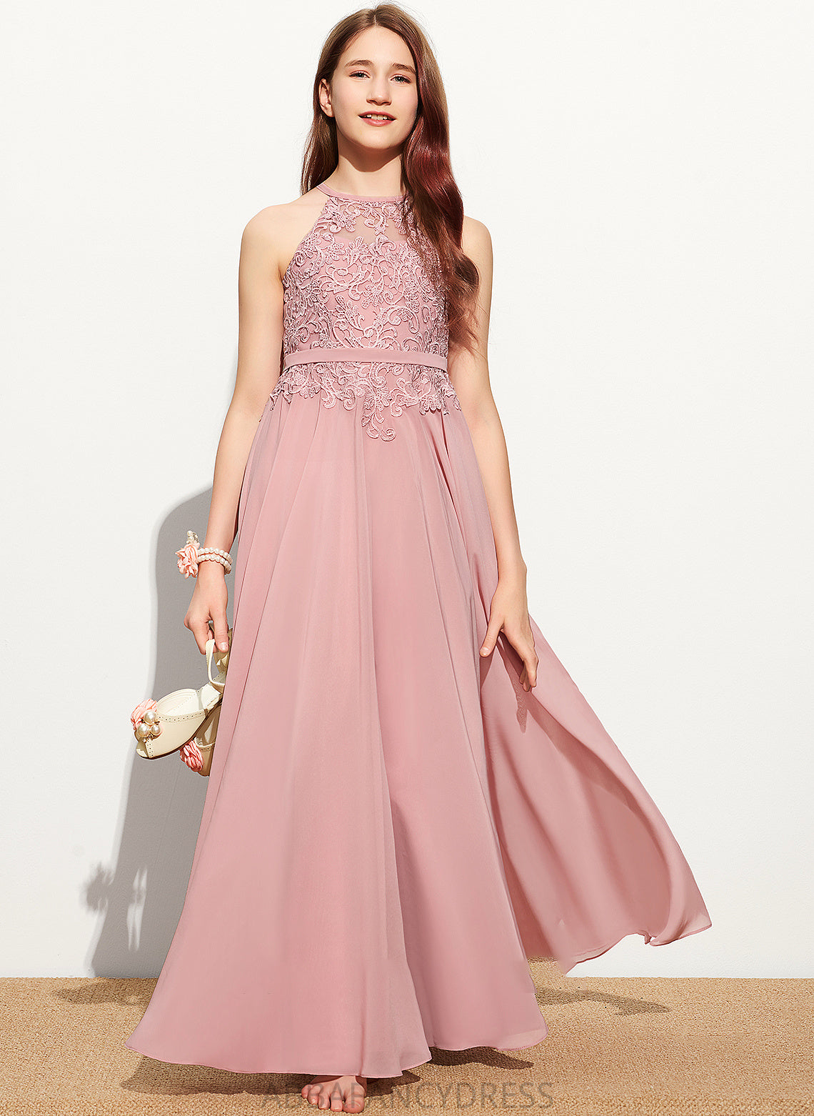 Chiffon Junior Bridesmaid Dresses Lace A-Line Brynlee Neck Floor-Length Scoop
