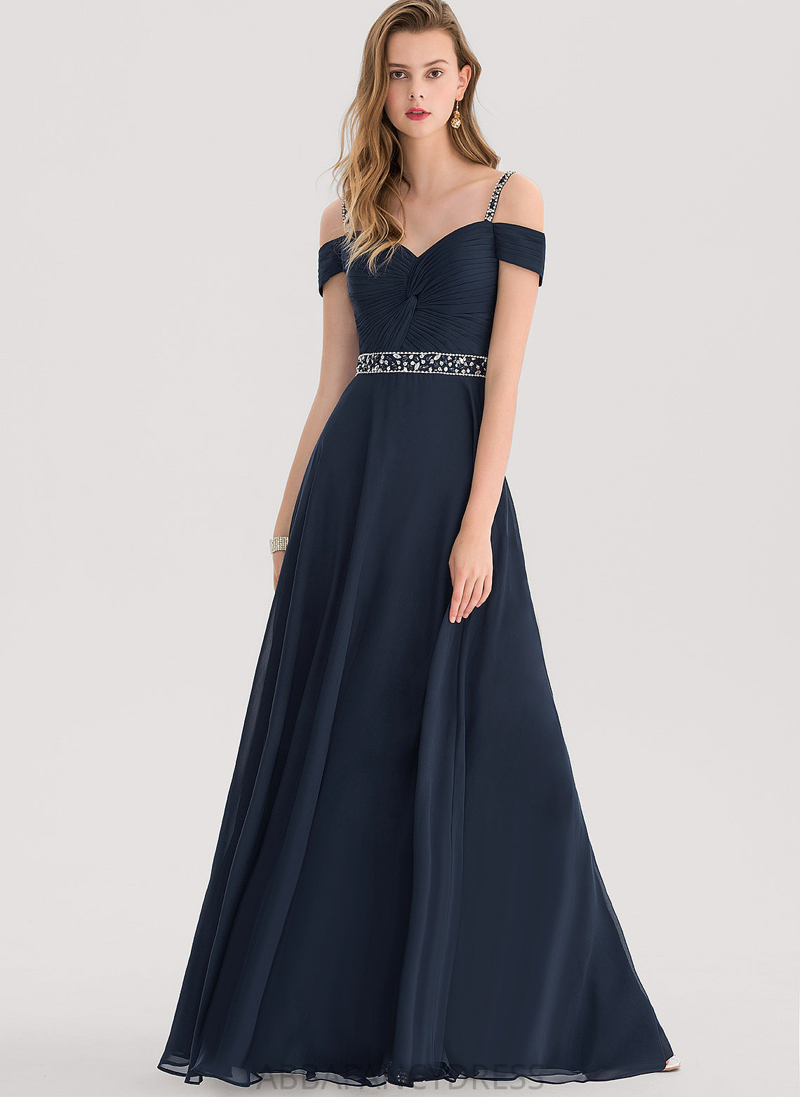 Sophie Chiffon With Sequins Prom Dresses A-Line Floor-Length Beading Cold Shoulder V-neck Pleated