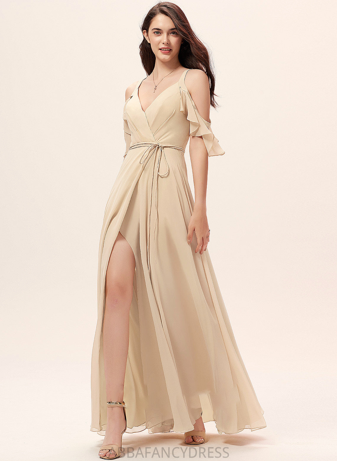 Fabric V-neck Length Neckline Silhouette SplitFront A-Line Embellishment Floor-Length Ruffle Kate A-Line/Princess