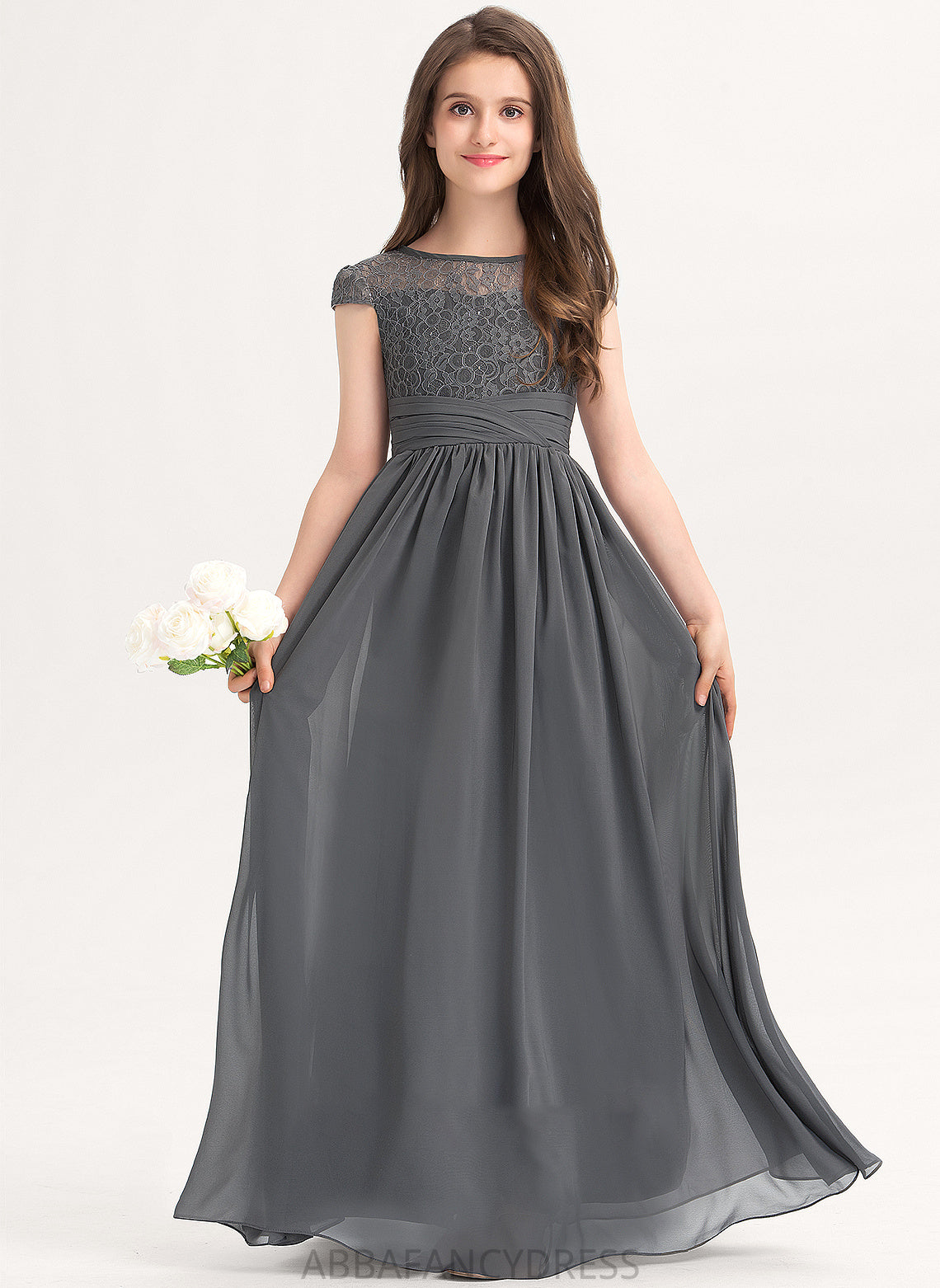 Scoop Neck Floor-Length Junior Bridesmaid Dresses Amber Chiffon Lace Ruffle A-Line With