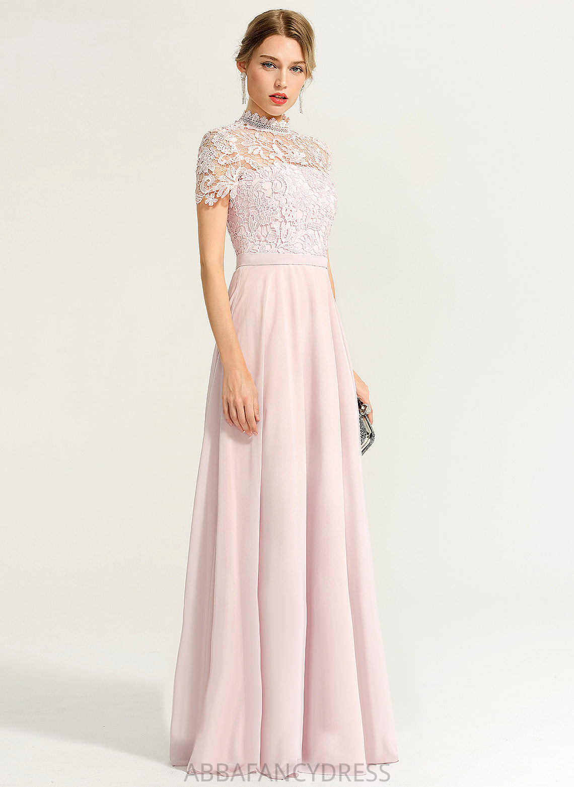 High Illusion Lace Prom Dresses Floor-Length Neck Chiffon Elisa A-Line