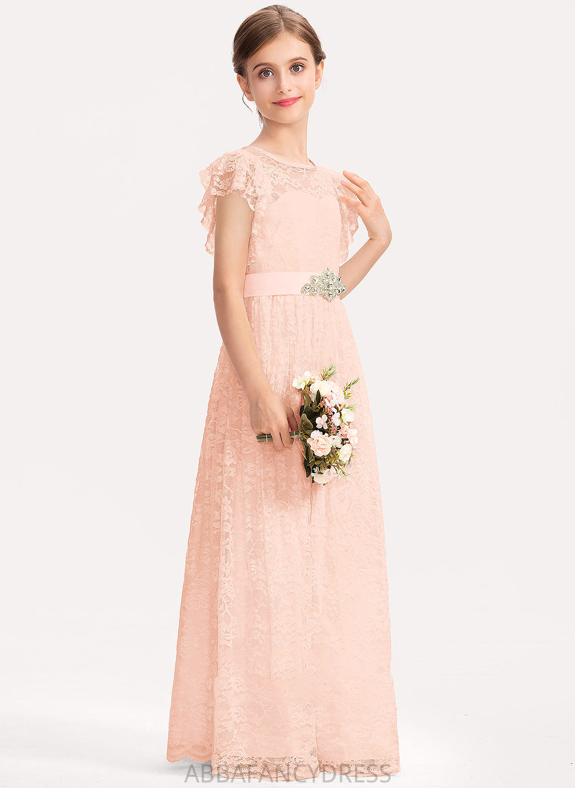 Beading Junior Bridesmaid Dresses Cascading With Bow(s) Ruffles Heidi Scoop Floor-Length A-Line Lace Neck
