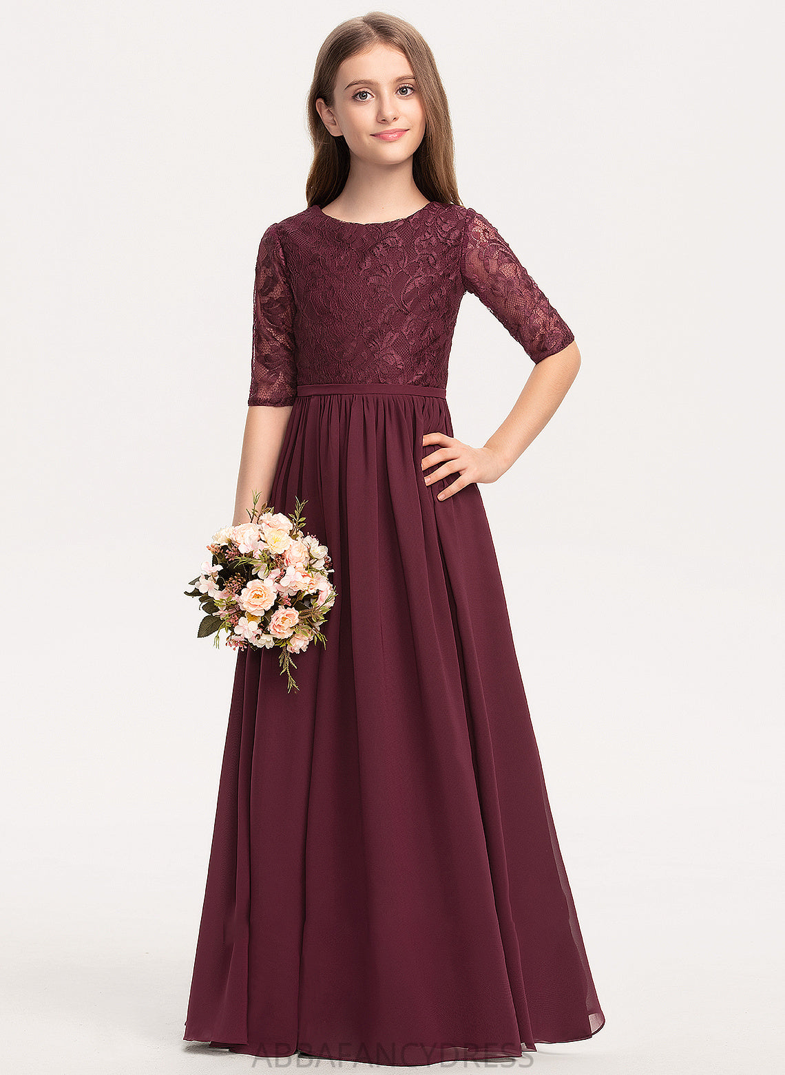 Lace Neck Chiffon Scoop Floor-Length Gia A-Line Junior Bridesmaid Dresses