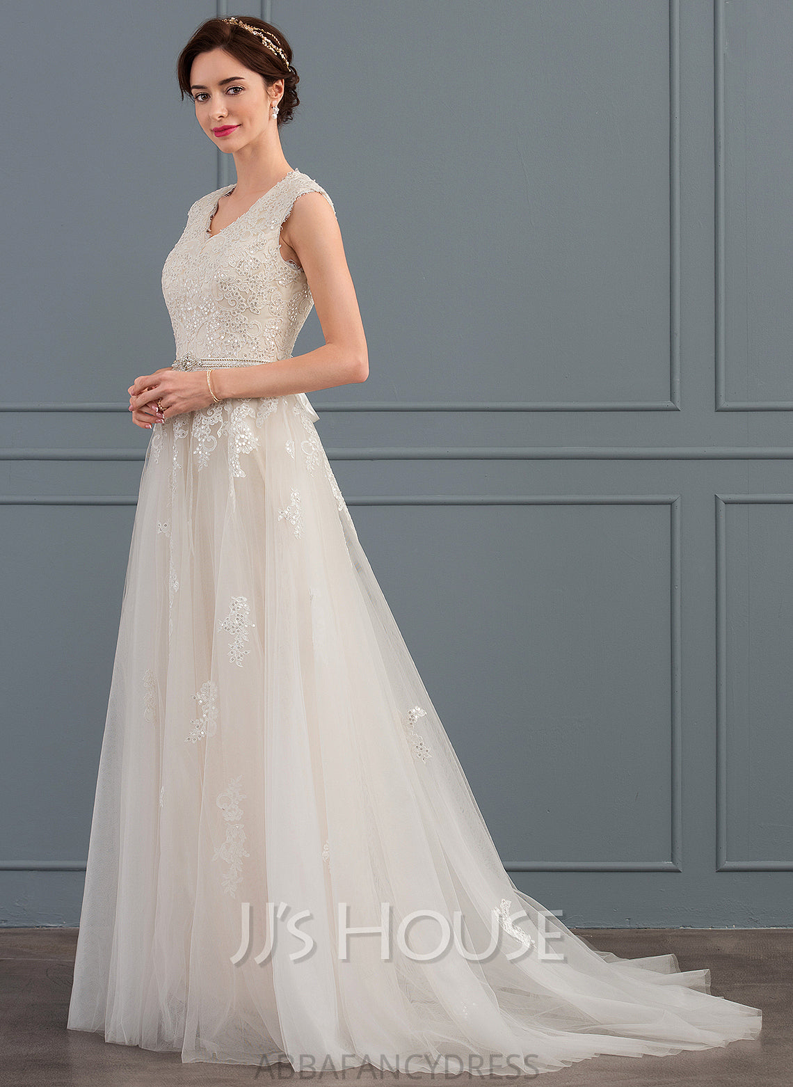 Beading Sequins Wedding Tulle V-neck Wedding Dresses With Dress Train Sweep Bow(s) A-Line Katelynn