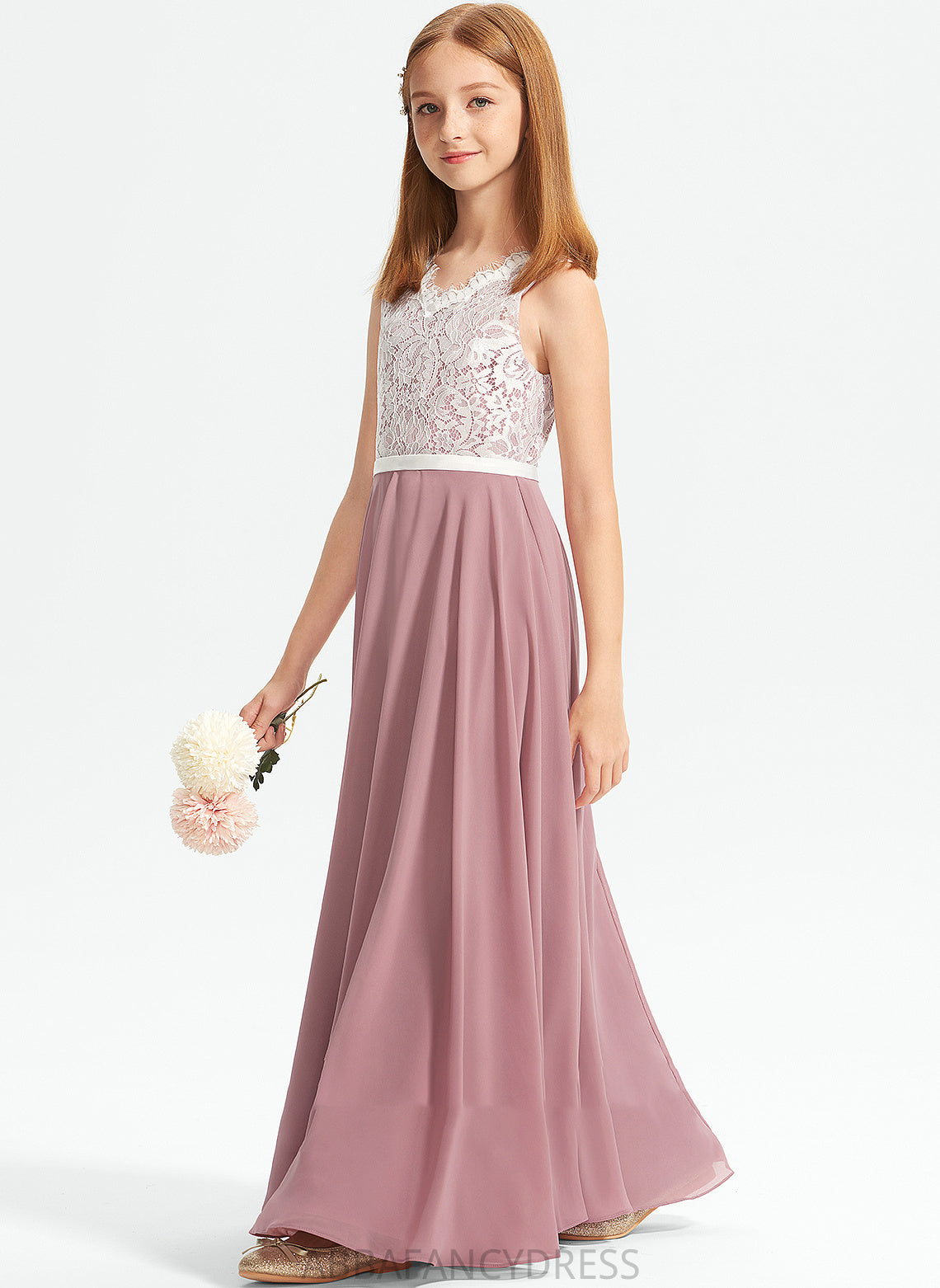 Haley Floor-Length A-Line Junior Bridesmaid Dresses V-neck Lace Chiffon