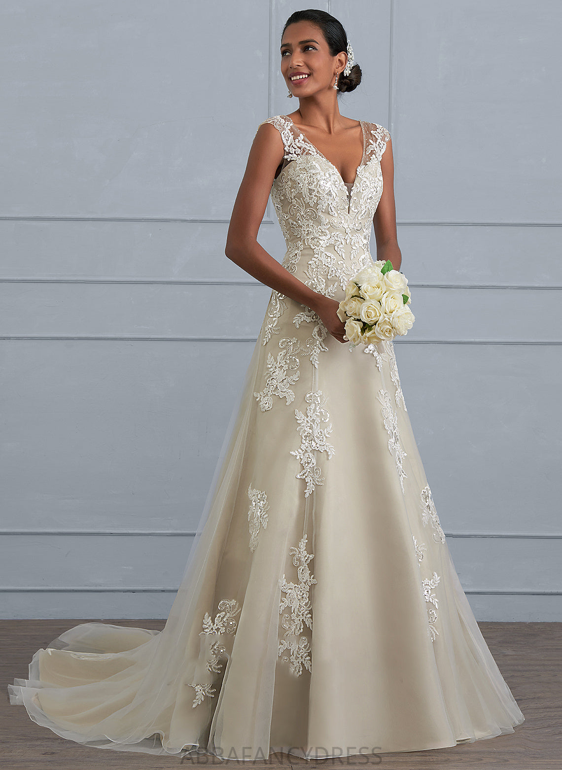 Wedding Dresses With Lace Ayanna Court Wedding Sequins A-Line Dress Train Tulle Beading V-neck