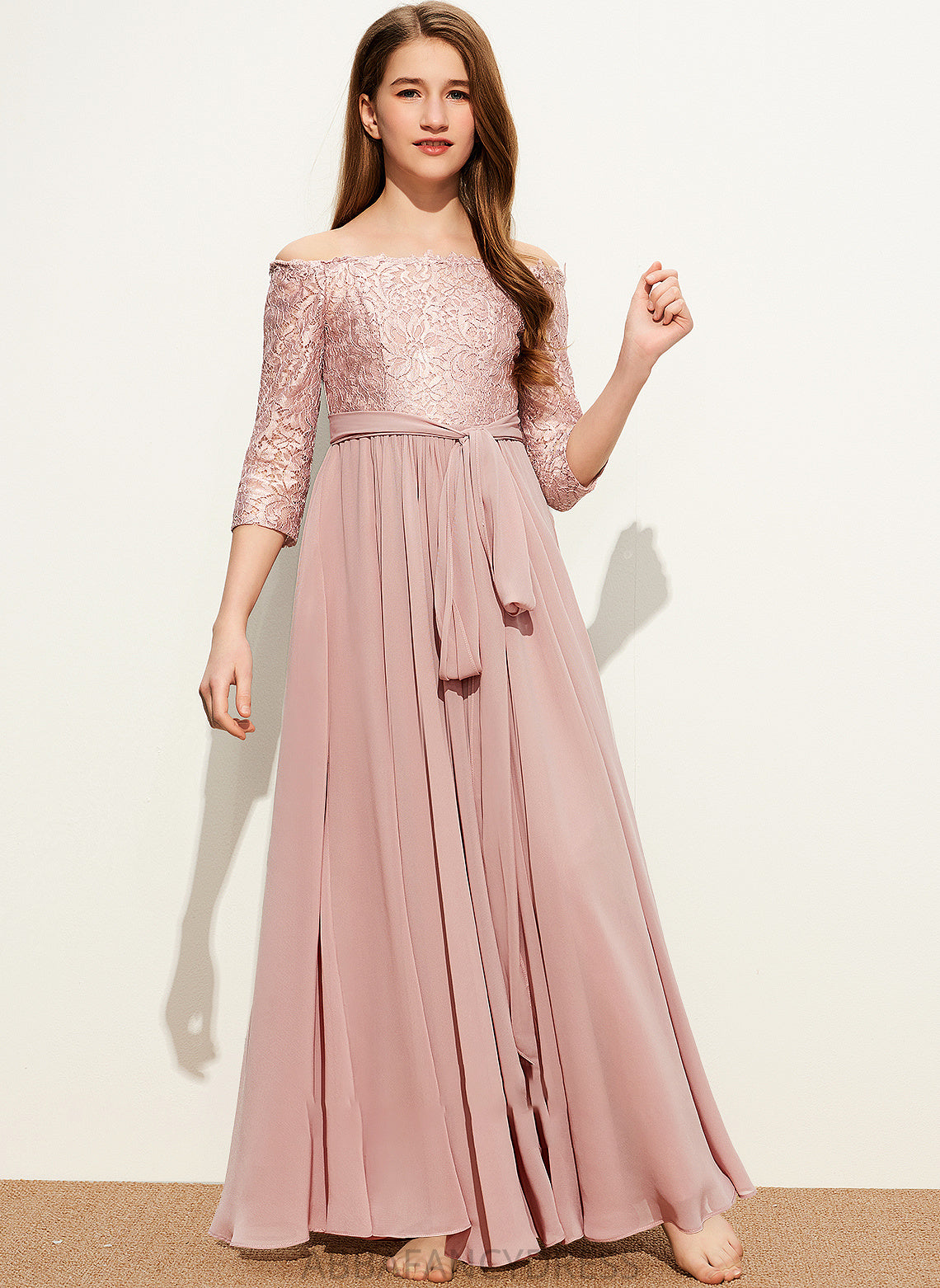 With Cornelia Off-the-Shoulder Lace A-Line Floor-Length Junior Bridesmaid Dresses Bow(s) Chiffon