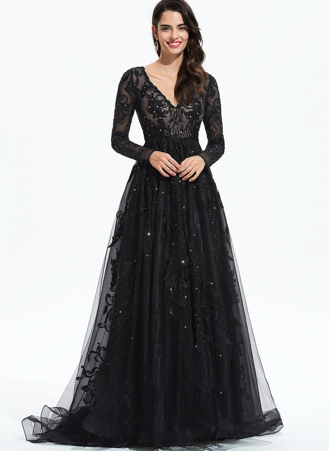 Ball-Gown/Princess Lace Prom Dresses Sequins Tulle Jaylyn Train With Sweep V-neck