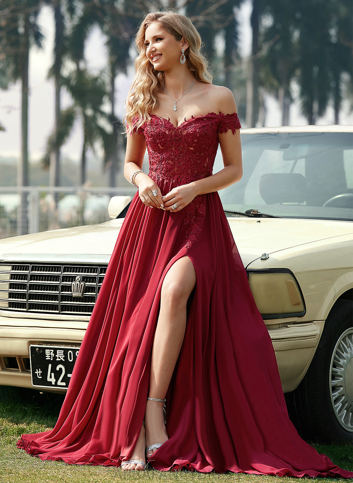 Chiffon Off-the-Shoulder With Prom Dresses A-Line Ali Lace Sweep Sequins Train