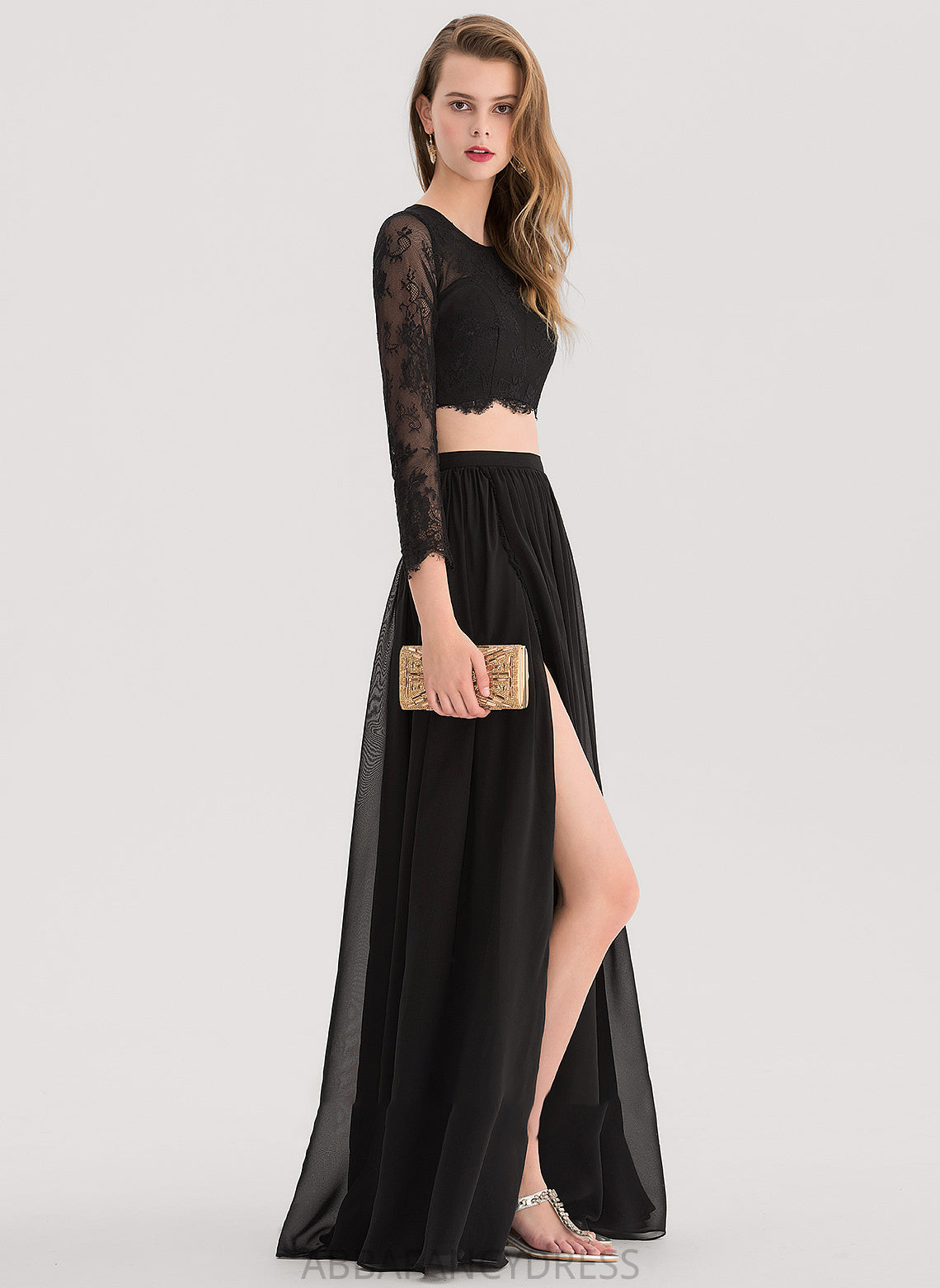 Floor-Length Scoop Split Prom Dresses A-Line Chiffon Front With Karlee Neck