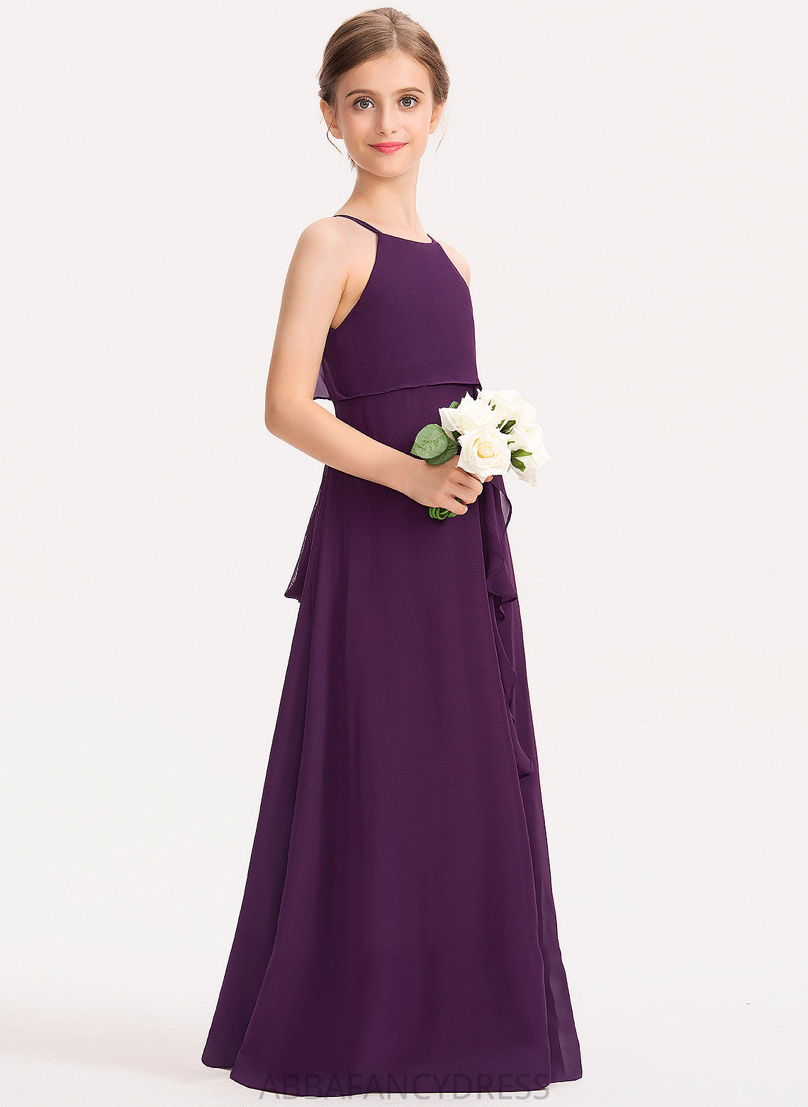Ruffles A-Line Scoop Cascading Melany Junior Bridesmaid Dresses Bow(s) Chiffon Neck Floor-Length With