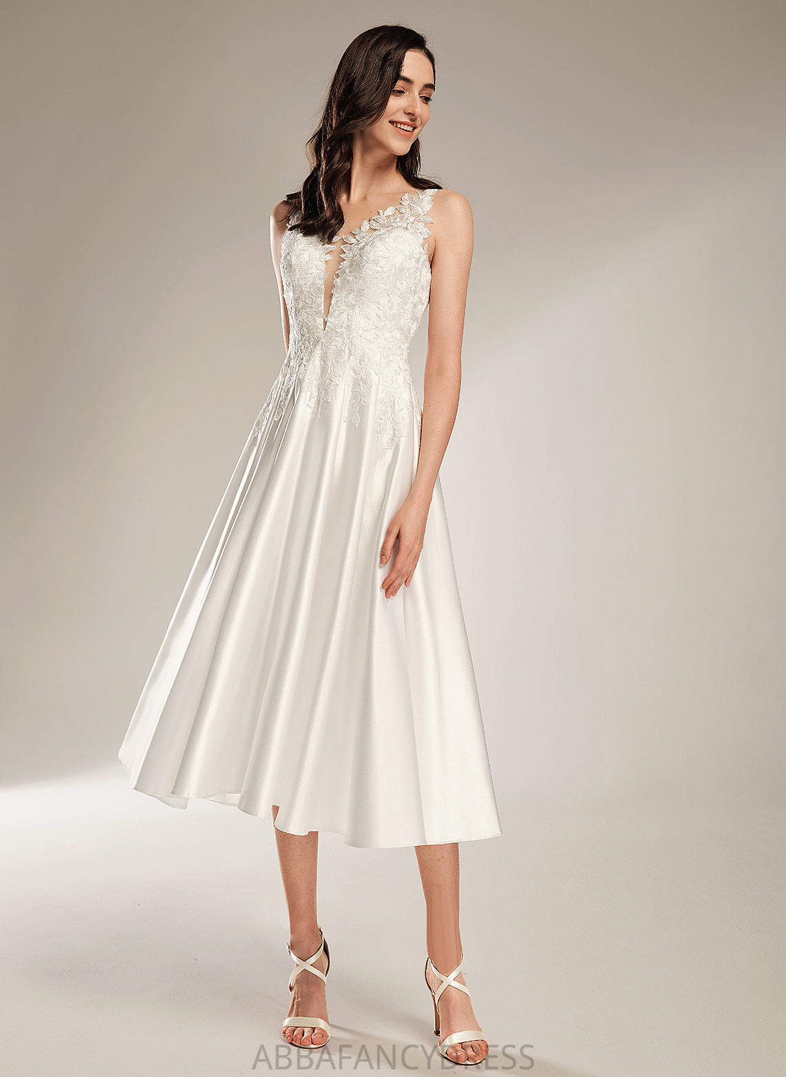 V-neck With Arely Dress Wedding Tea-Length A-Line Wedding Dresses Pockets