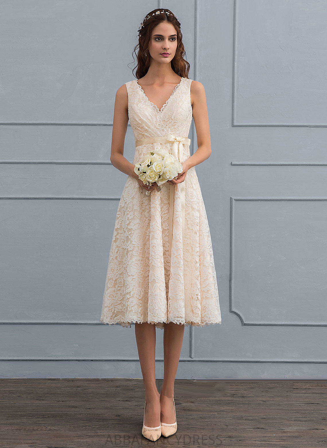 Selah Wedding Dresses A-Line Lace Wedding With Bow(s) Knee-Length Dress V-neck