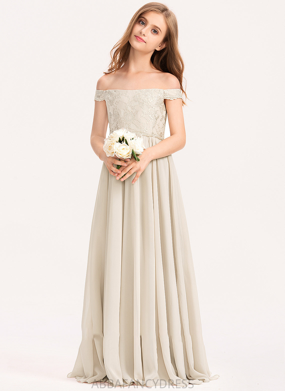 Chiffon Off-the-Shoulder A-Line Aleena Junior Bridesmaid Dresses Floor-Length Lace