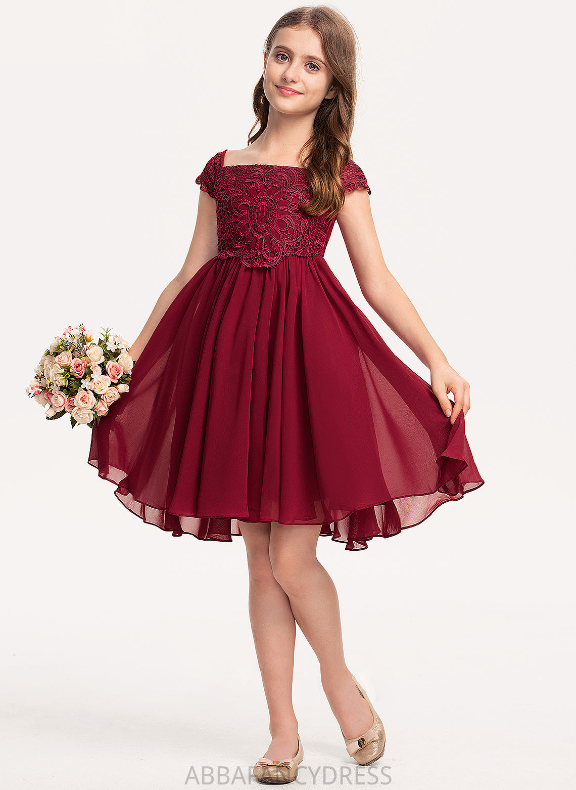 Lace Isabell Chiffon Bow(s) A-Line With Off-the-Shoulder Junior Bridesmaid Dresses Knee-Length