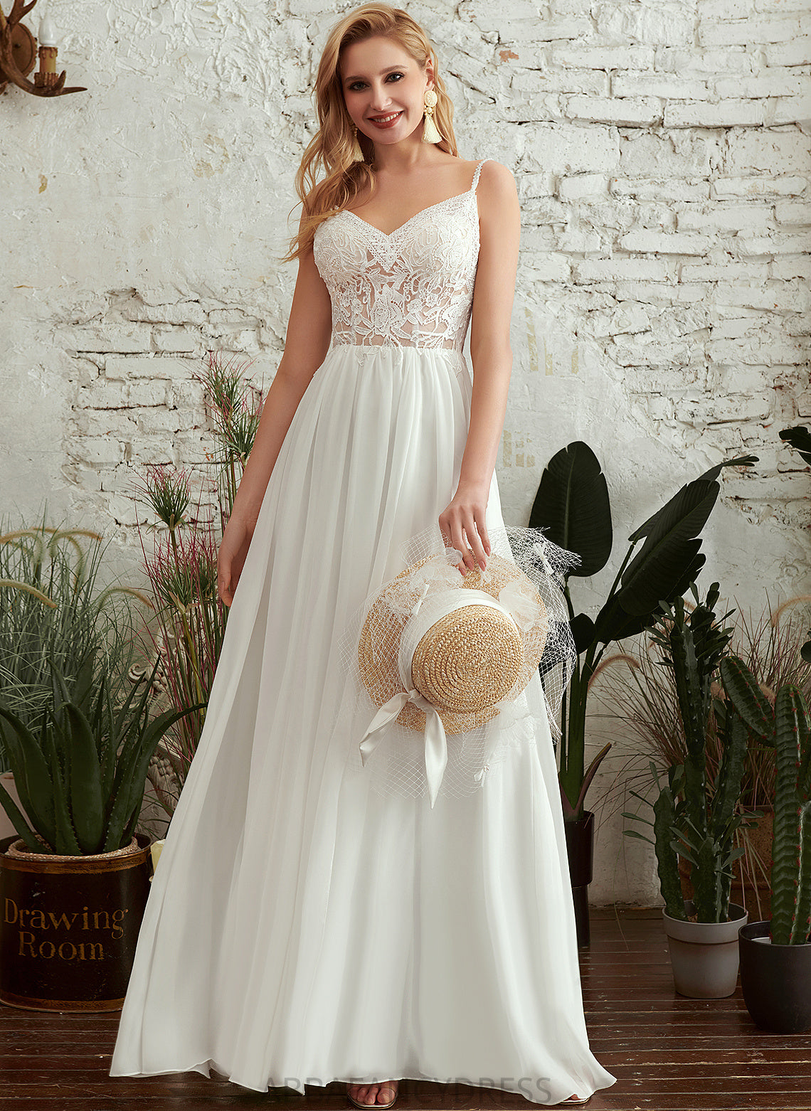 A-Line V-neck Lace Floor-Length Wedding Beading Chiffon Stella With Dress Wedding Dresses