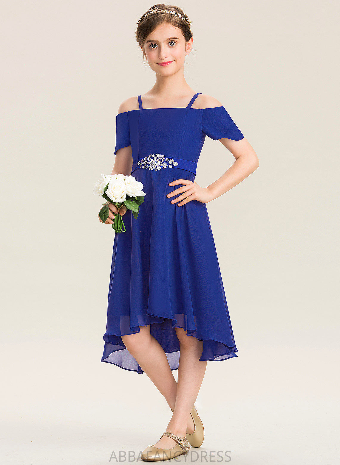Bow(s) Off-the-Shoulder Beading With Junior Bridesmaid Dresses A-Line Chiffon Kiley Asymmetrical