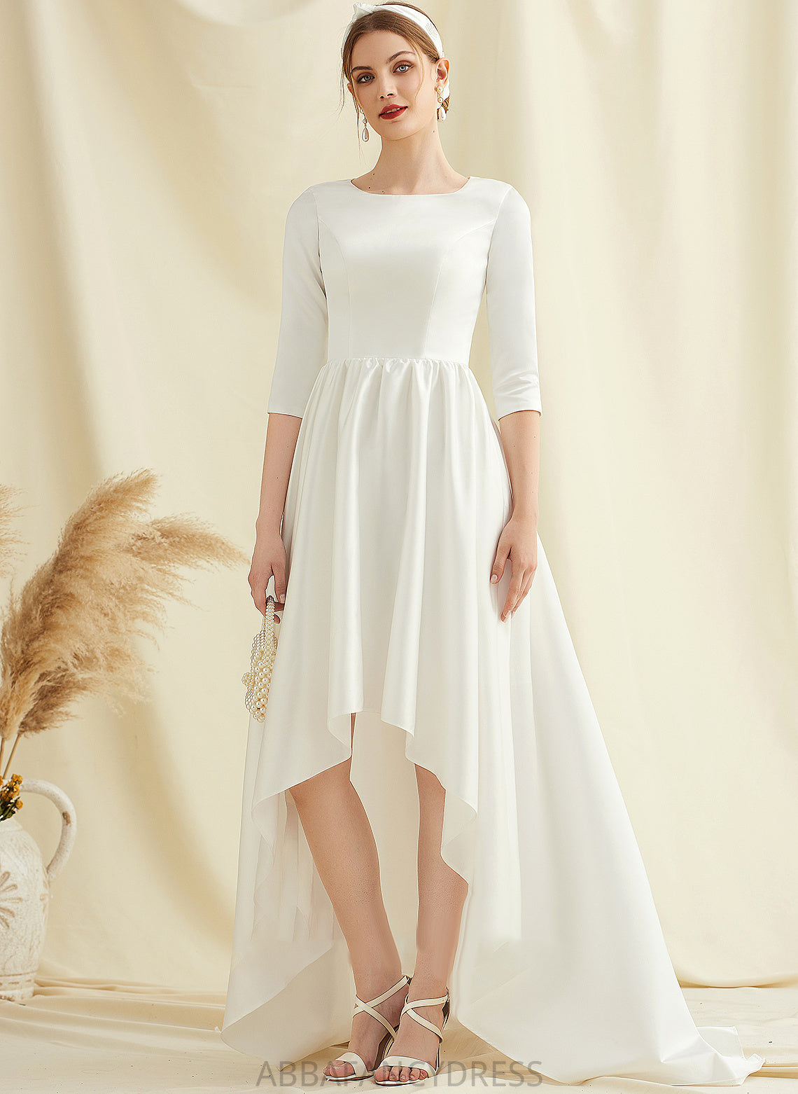 A-Line Pockets With Dress Wedding Asymmetrical Wedding Dresses Scoop Satin Neck Elvira