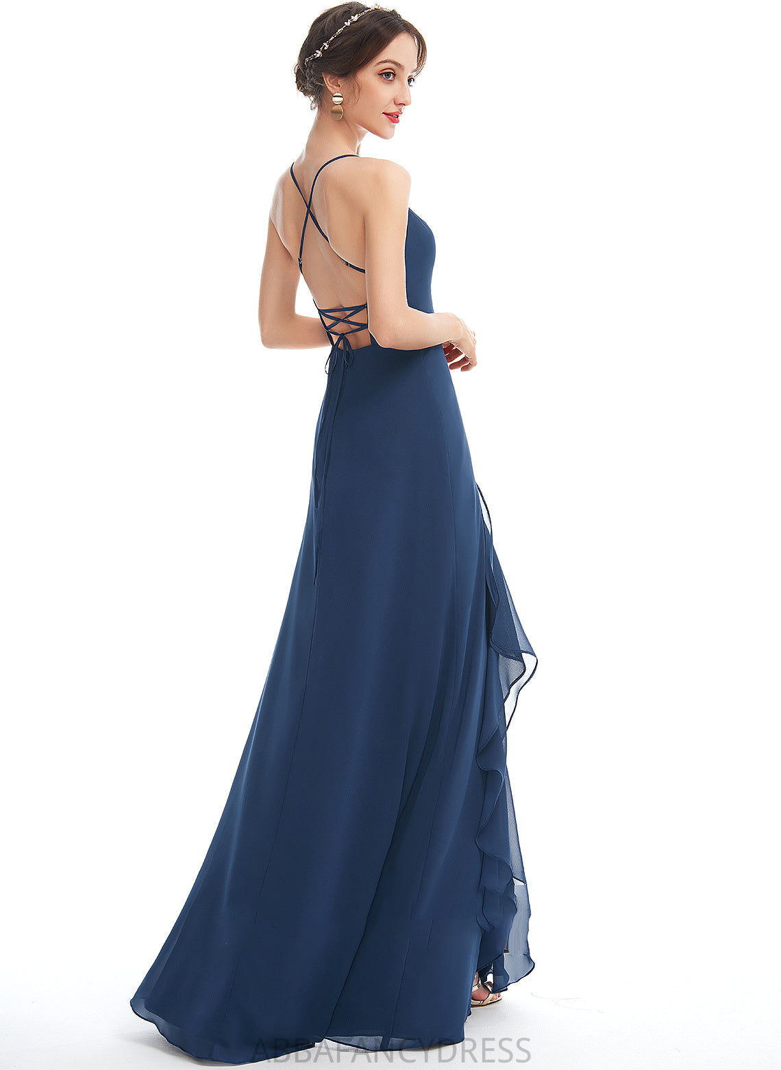 Floor-Length Silhouette V-neck Fabric Ruffle SplitFront Length A-Line Neckline Embellishment Aiyana Natural Waist
