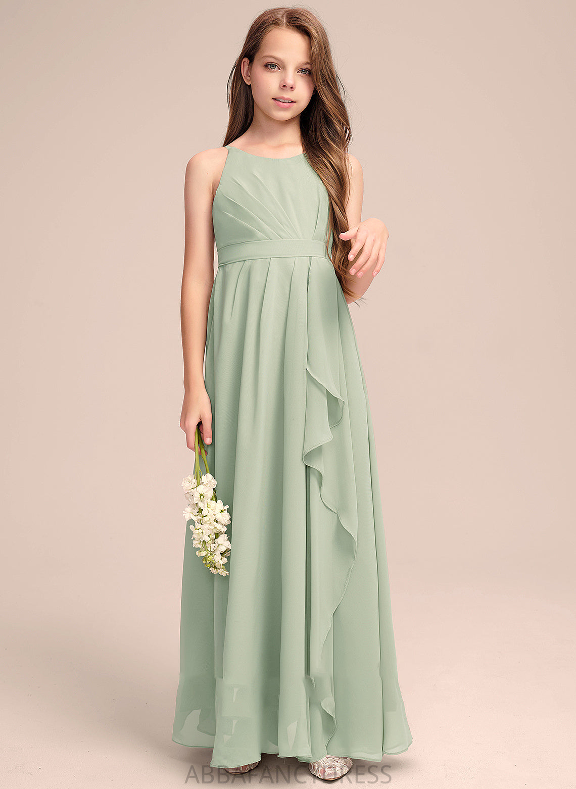 Scoop Ruffles Chiffon A-Line Neck With Cascading Floor-Length Kara Junior Bridesmaid Dresses