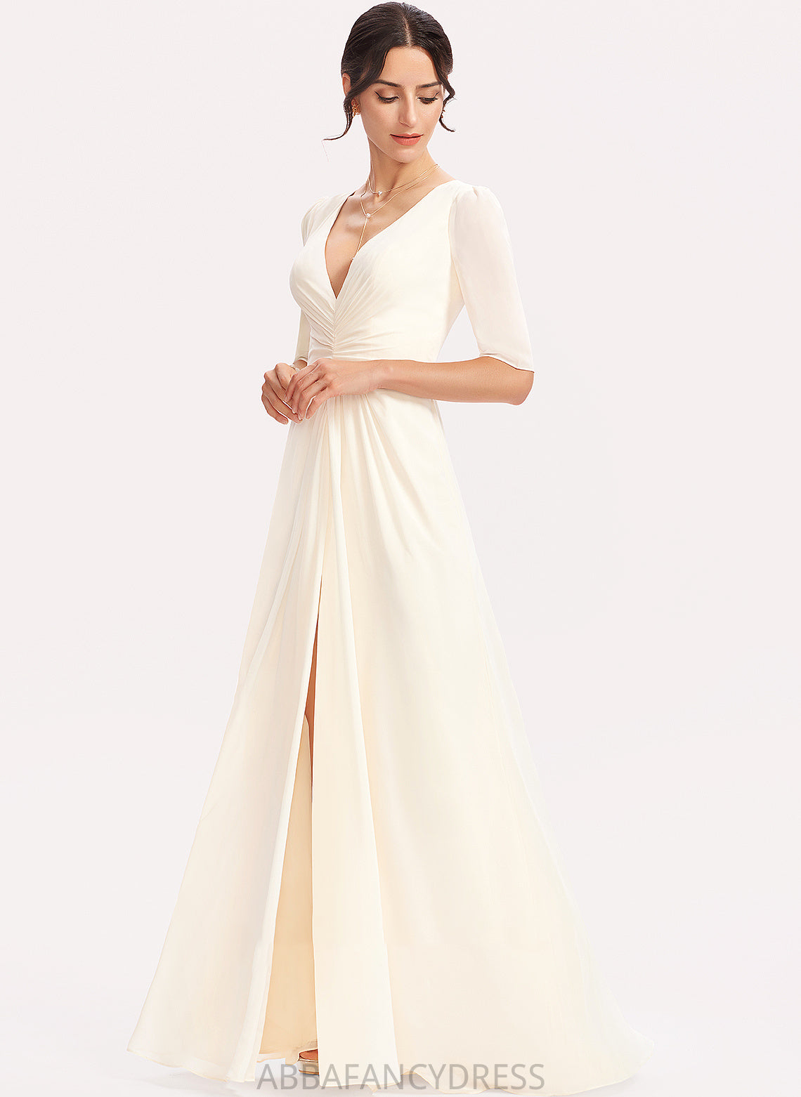 Length Fabric SplitFront V-neck Floor-Length Neckline Embellishment A-Line Silhouette Vanessa Halter Sleeveless