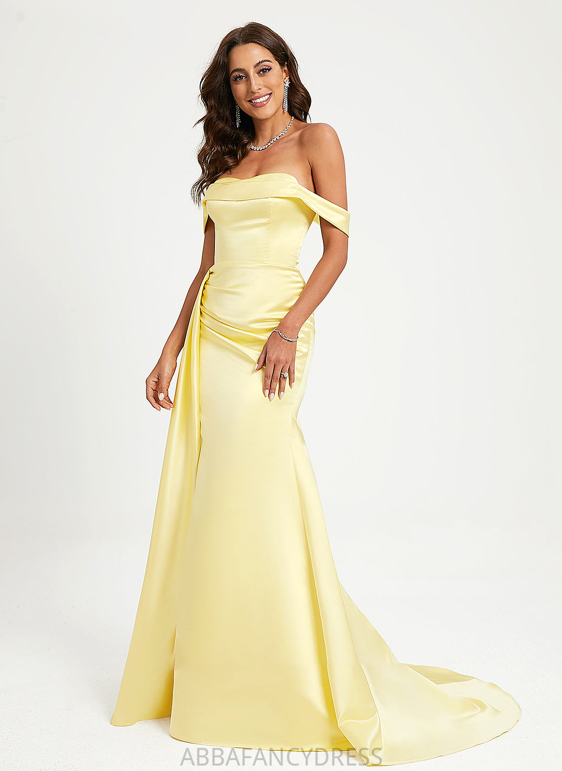 Sweep With Satin Elena Trumpet/Mermaid Off-the-Shoulder Train Ruffle Prom Dresses