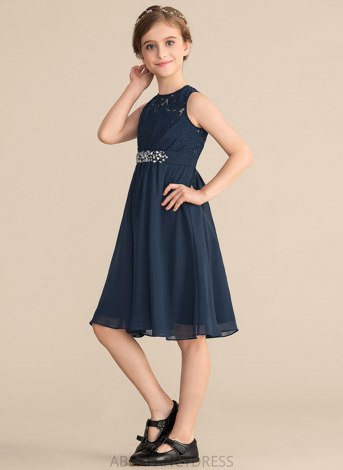Neck Scoop Beading With Chiffon Sequins Bow(s) Aliyah A-Line Lace Junior Bridesmaid Dresses Knee-Length
