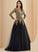 Raven V-neck Sequins Train Prom Dresses Tulle With Sweep Lace Ball-Gown/Princess