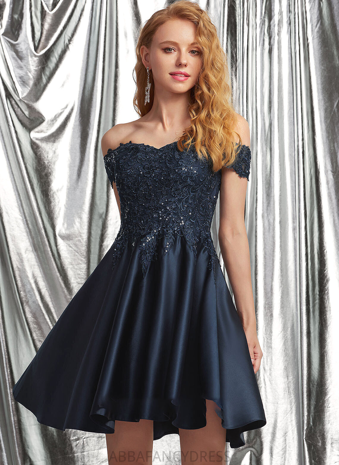 A-Line Lace Imani With Off-the-Shoulder Short/Mini Prom Dresses Satin Sequins