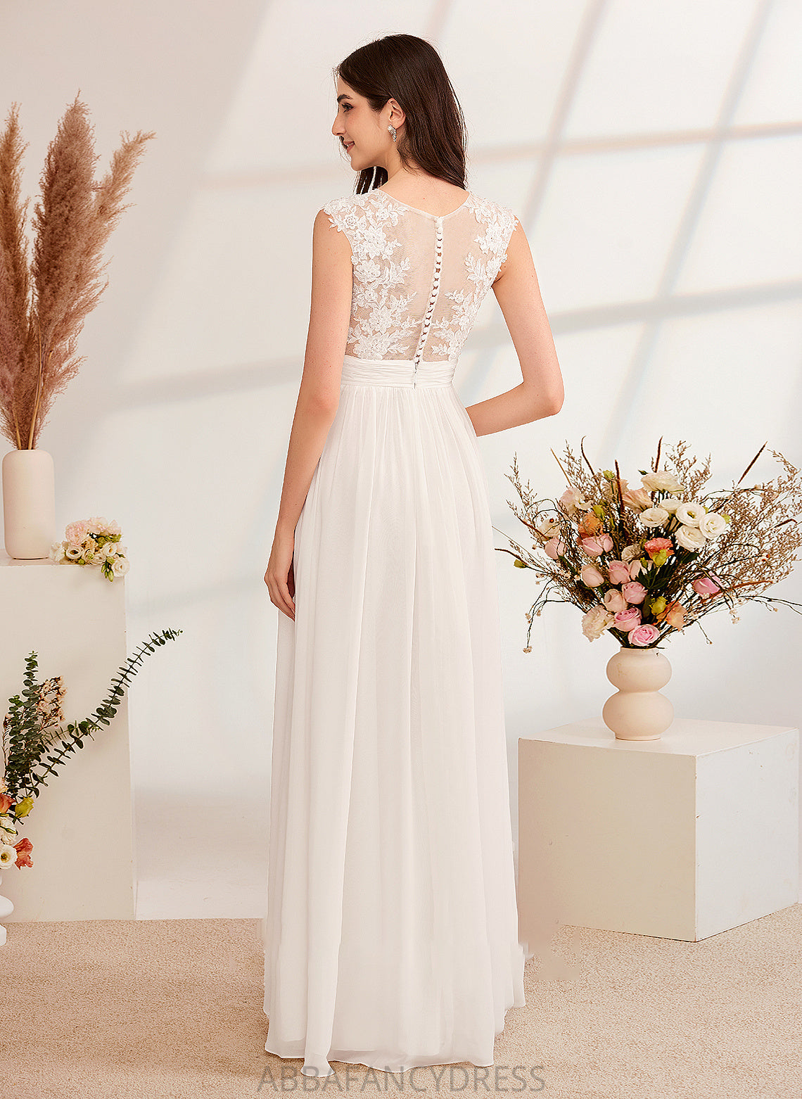 Split Floor-Length Wedding Fiona A-Line Dress Beading With Illusion Front Wedding Dresses