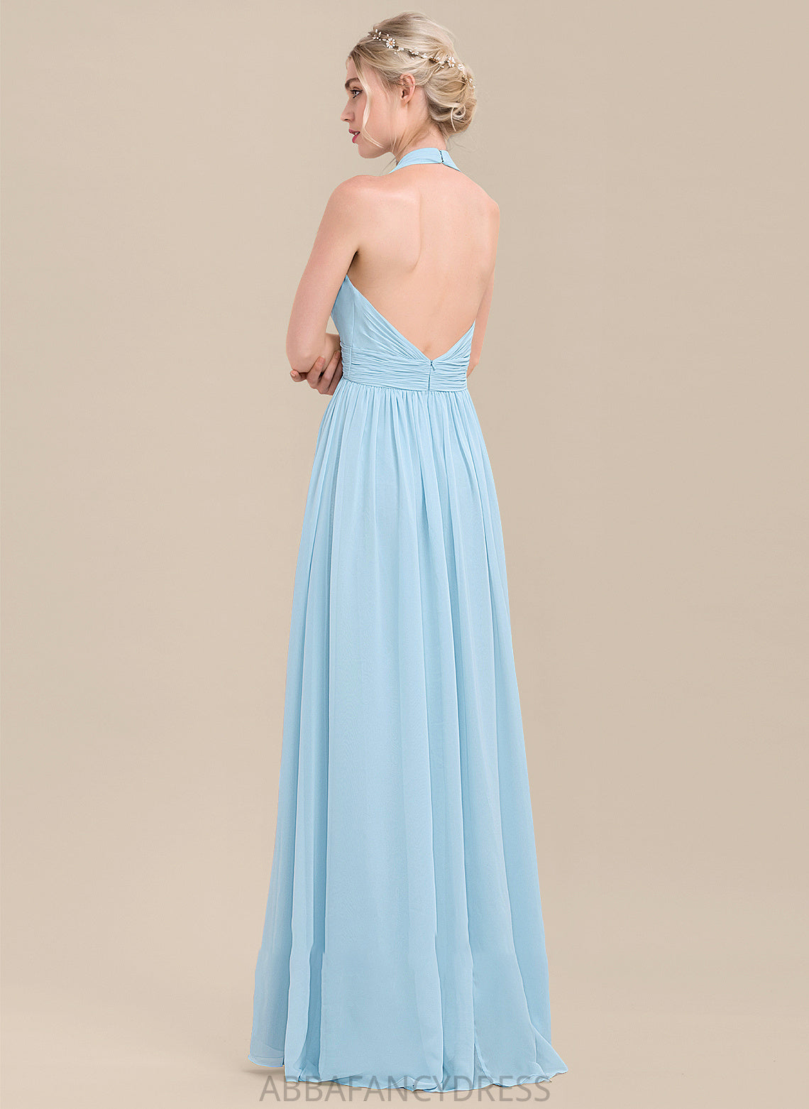 Ruffle Embellishment Length A-Line Halter Silhouette Fabric Floor-Length Neckline Lindsey Sleeveless A-Line/Princess