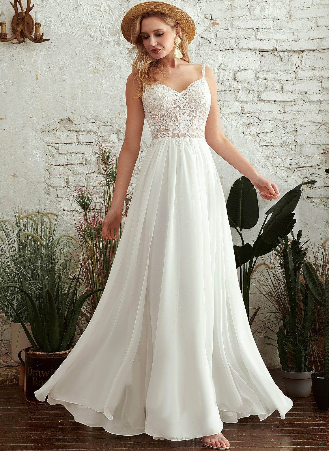 A-Line V-neck Lace Floor-Length Wedding Beading Chiffon Stella With Dress Wedding Dresses