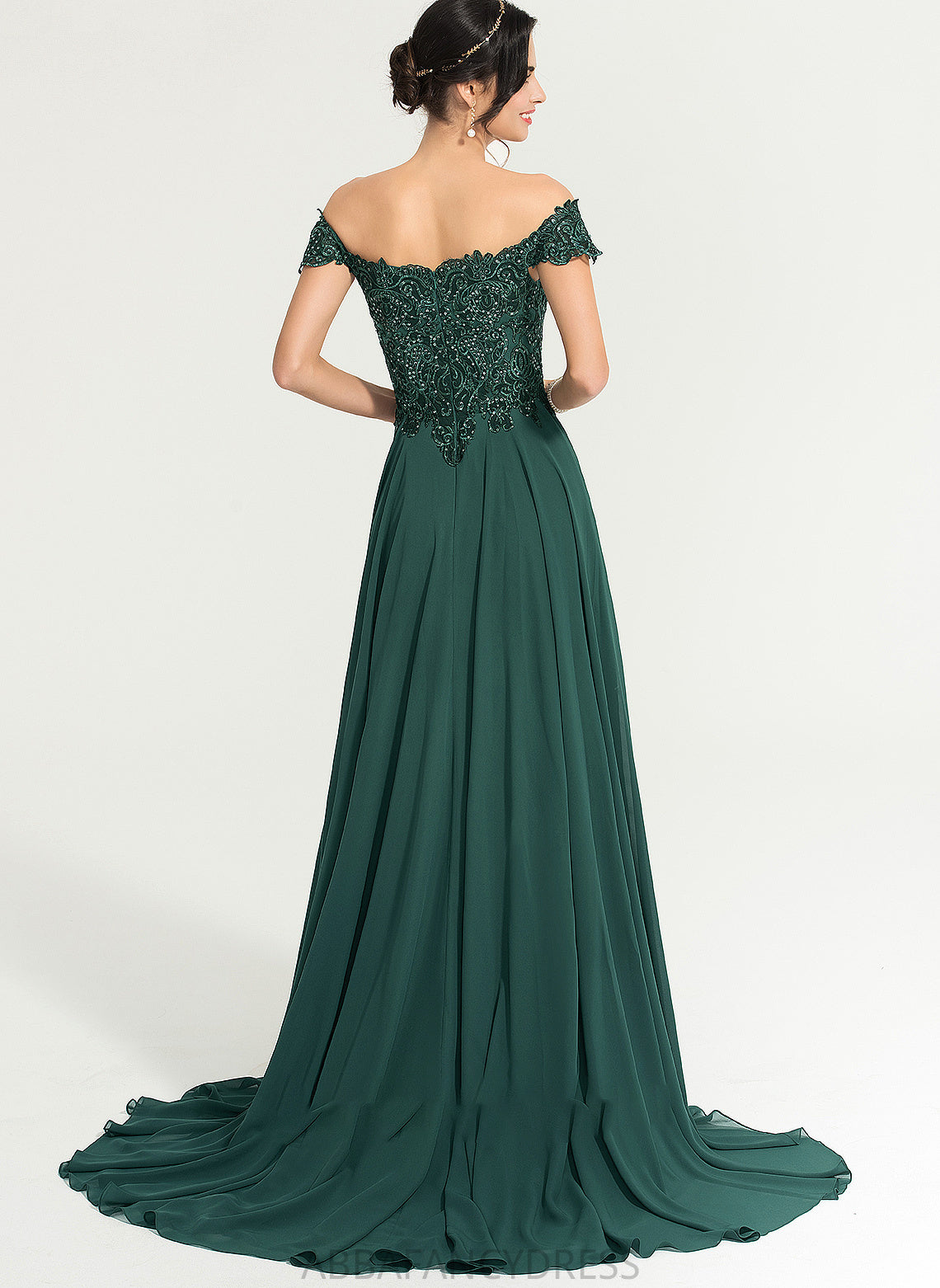 Hallie Off-the-Shoulder With Train Front Split Sweep Chiffon Prom Dresses A-Line Sequins