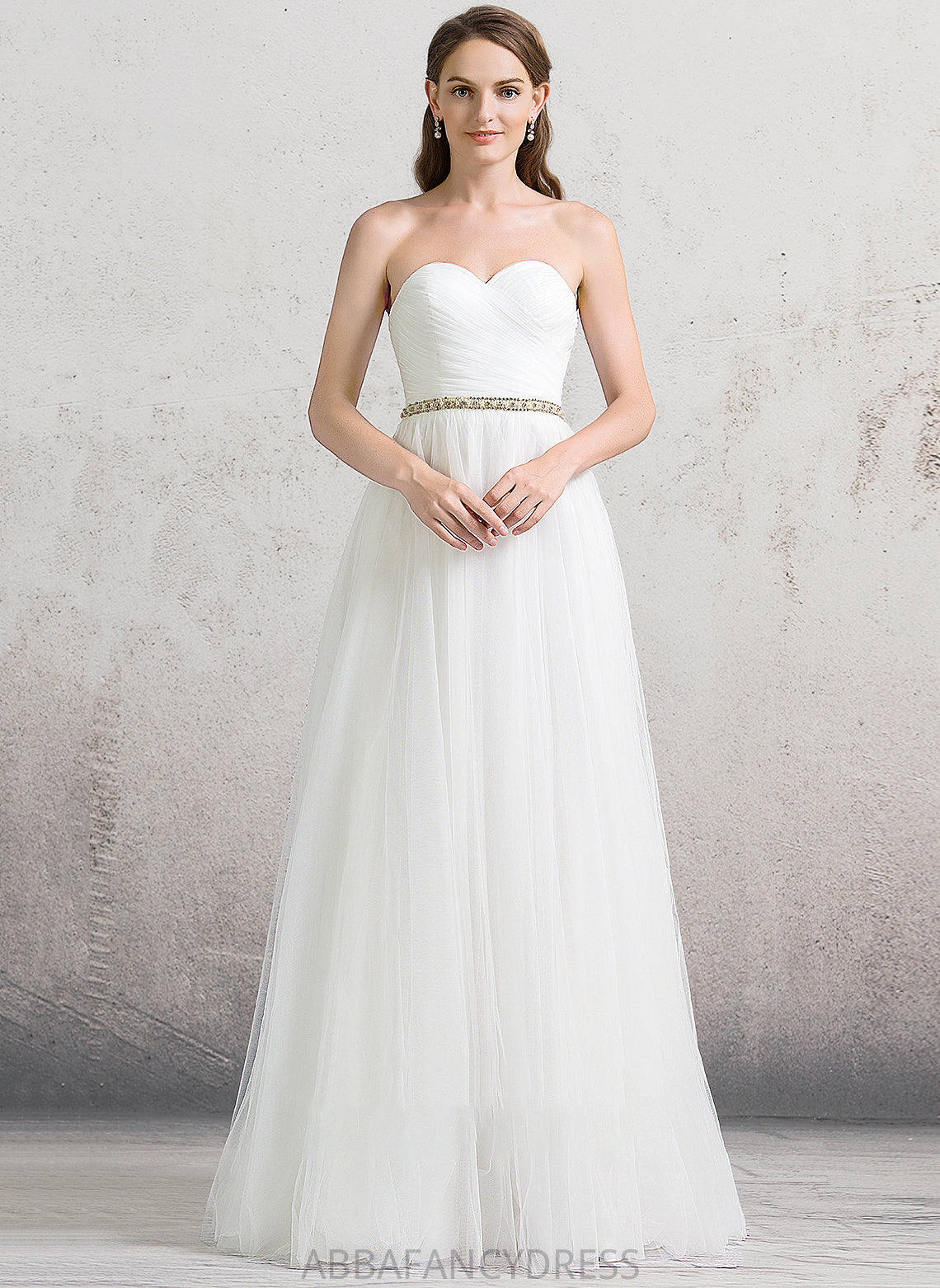 Ruffle A-Line Lindsey Sweetheart Tulle Floor-Length Wedding Dresses With Wedding Beading Dress