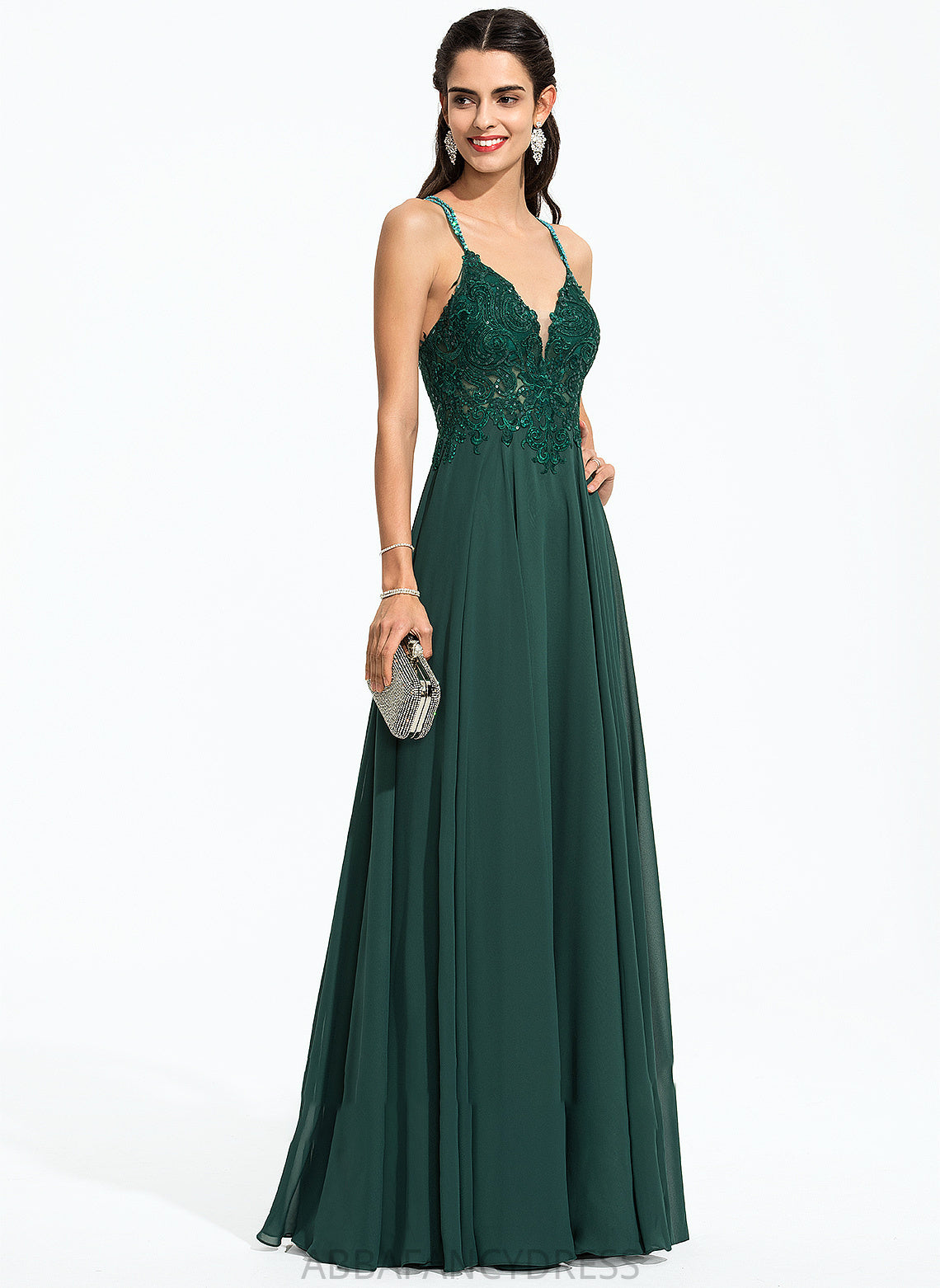 Beading A-Line Sequins Hope With Chiffon Floor-Length V-neck Prom Dresses
