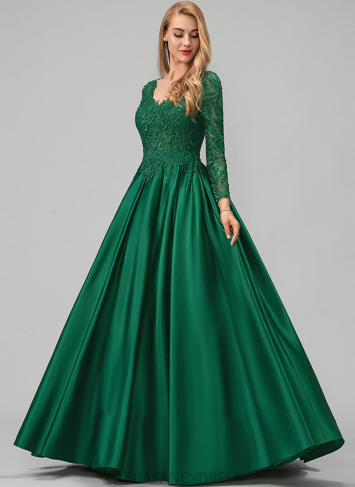 With Satin V-neck Milagros Ball-Gown/Princess Sequins Floor-Length Prom Dresses Beading Lace Pockets