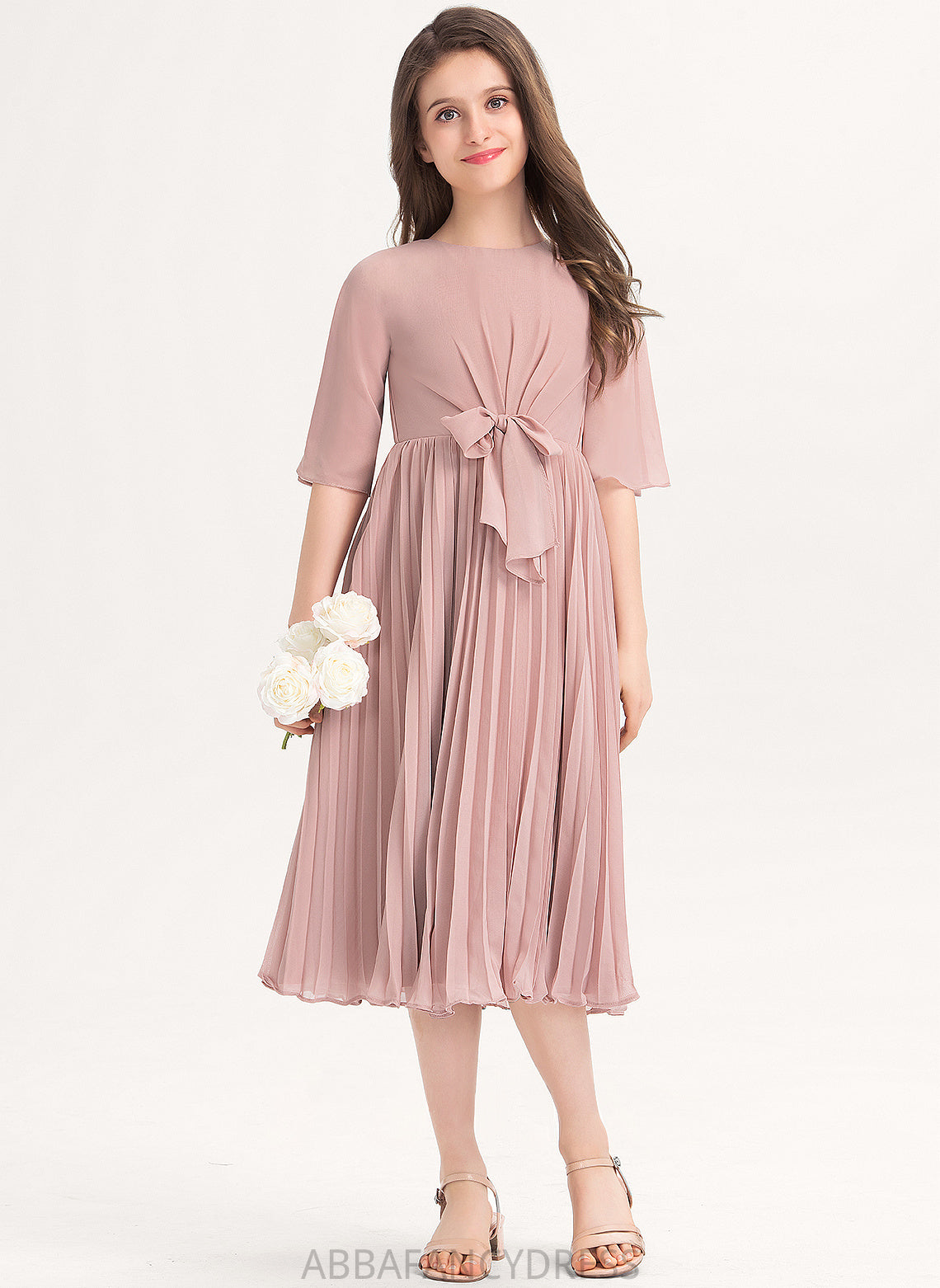 A-Line Bow(s) Knee-Length Caroline Pleated Chiffon Scoop With Neck Junior Bridesmaid Dresses