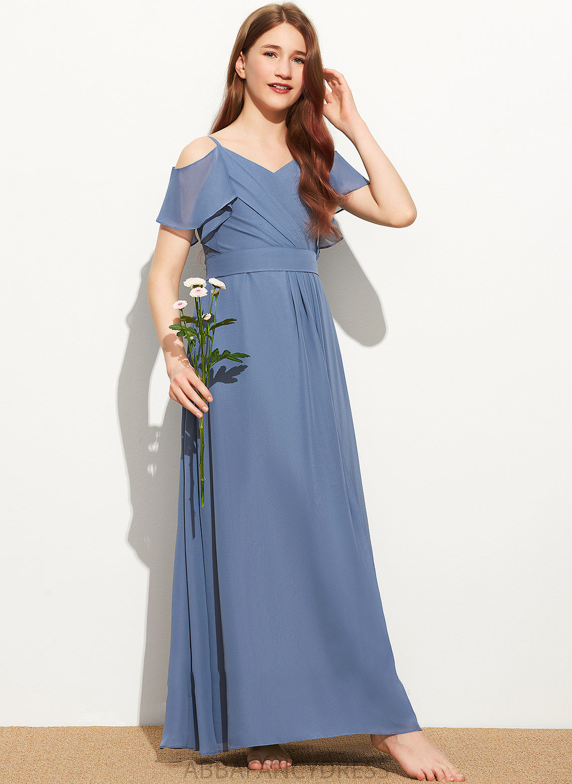 Bow(s) Chiffon Ruffle A-Line Off-the-Shoulder Floor-Length Lilith With Junior Bridesmaid Dresses