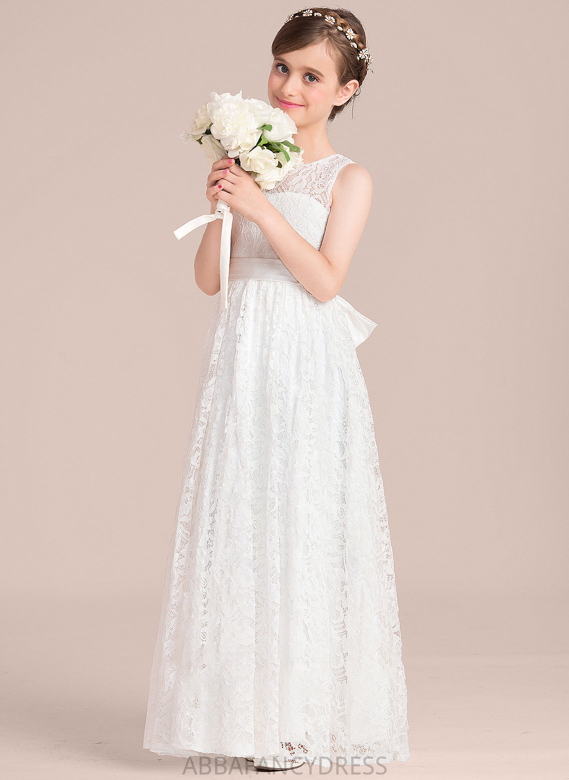Alena Floor-Length Bow(s) Junior Bridesmaid Dresses Sash Scoop With Neck Lace A-Line