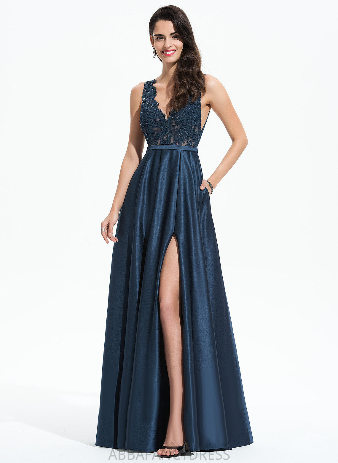 With Celeste Prom Dresses Satin Floor-Length A-Line Sequins V-neck Lace